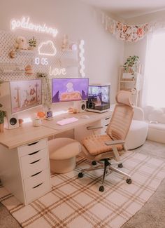 a desk with two monitors and a chair in front of the monitor on top of it