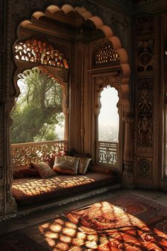 the sun shines through windows in an ornate room