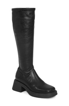 A full-length side zip traces the knee-high silhouette of this fierce leather boot finished with a square toe and chunky block heel. 2 1/4" heel 16" shaft Leather upper and lining/rubber sole Imported Knee High Black Boots, High Black Boots, Black Knee High Boots, Chunky Block Heels, Leather Boot, Boot Shoes Women, Knee High Boots, Side Zip, Black Boots