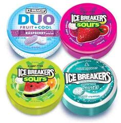 four different flavors of ice - breakers and watermelon mints in tins