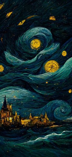 an image of a painting that looks like the night sky with stars and moon in it