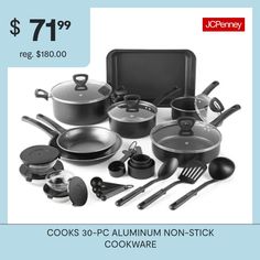 cookware is on sale for $ 71 99 reg $ 480 00 cooks 30 - pc aluminum non - stick cookware