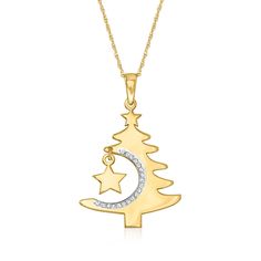 Ross-Simons - 14kt Yellow Gold Cut-Out Christmas Tree Pendant Necklace, Diamond Accents. 20". This pendant necklace is festive and fun! The cut-out design beholds a decorated Christmas tree that glows with white rhodium-set diamond accents and features two stars. Crafted in polished 14kt yellow gold. Suspends from a rope chain. Springring clasp, 14kt yellow gold Christmas tree pendant necklace. Diamond birthstones are the perfect gift for April birthdays. Simplistic Jewelry, Pendant Necklace Diamond, Necklace With Diamond, Latest Jewellery Trends, Detailed Necklace, Diamond Birthstone, Mixed Metal Jewelry, Gold Christmas Tree, Necklace Diamond