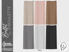 four different colors of pleated curtains in various styles and sizes, each with the same color