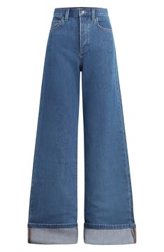 A classic indigo wash adds to the stunning, visually elongating look of floor-sweeping wide-leg jeans cut from nonstretch denim and finished with cuffed hems. 32" inseam; 24" leg opening; 12" front rise; 15 1/2" back rise (size 29) Zip fly with button closure Five-pocket style 91% cotton, 9% recycled cotton Machine wash, tumble dry Imported Fran Fine, Cuffed Jeans, Favorite Daughter, Leg Cuffs, Fall Favorites, Free Fabric, Colorful Fashion, Medium Blue, Wide Leg Jeans