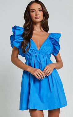 Raiza Mini Dress - Ruffle Sleeve Tie Back Plunge Dress in Blue Semi Formal Sorority Dresses, Light Blue V-neck Mini Dress With Ruffle Hem, Light Blue Ruffled V-neck Mini Dress, Blue Ruched V-neck Mini Dress, Light Blue V-neck Mini Dress With Ruffles, Blue Dress With Ruffled Straps For Date Night, Blue Mini Dress With Ruffled Straps For Spring, Chic Blue Mini Dress With Ruffled Straps, Chic Blue Mini Dress With Ruffle Hem