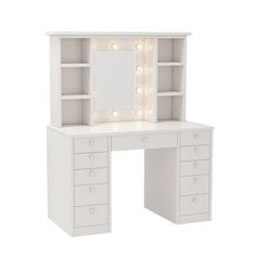 a white vanity with lights on it and drawers in front of the mirror is shown