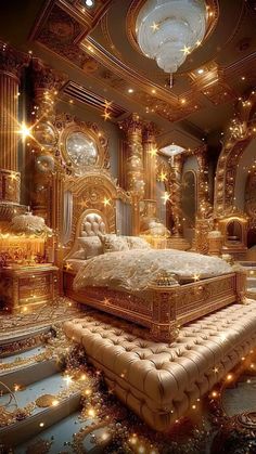 an extravagant bedroom with gold and white decor