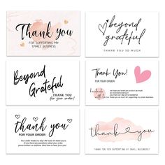 four thank cards with pink watercolor paint and handwritten lettering on them, all in different styles