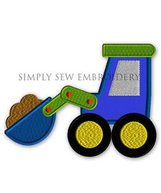 a blue and green toy truck with a shovel on the front, embroidered applique