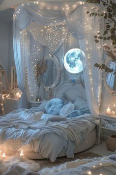 a white bed with lights on the headboard and canopy over it in a bedroom