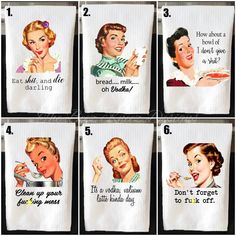 six vintage tea towels with images of women eating and talking to each other on them