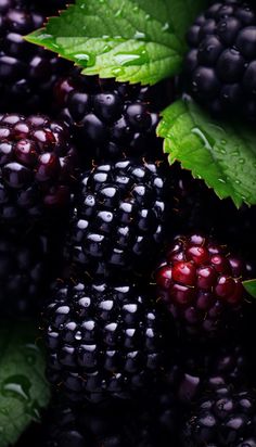 blackberries and raspberries with green leaves on the top, close up shot