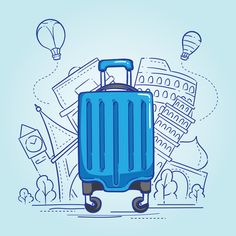 a blue suitcase sitting on top of a floor next to an image of buildings and hot air balloons