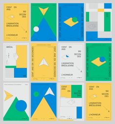 several different posters with yellow, blue and green shapes on them in various squares or rectangles