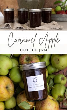 caramel apple coffee jam with apples in the background and an image of two jars