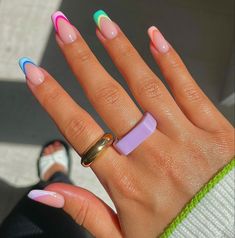 Multi color nails nails French tip nails multi color acrylic nail art Frensh Nails, Cute Gel Multi Color French Tip Nails, Multi Color French Tip, Color French Tip Nails, Color French Tip, Uñas Ideas, Bday Nails, Colour Tip Nails, Easy Nails, Summery Nails