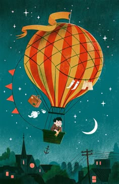 an illustration of a person flying in a hot air balloon