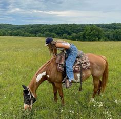 a woman riding on the back of a brown and white horse in a lush green field