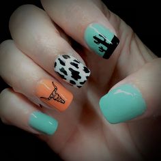 April Inspo Nails, Teal And Sunflower Nails, Cow Print And Cactus Nails, Highlander Cow Nails, 4th Of July Nails Western, Nails For Texas Trip, Nail Designs Western Cowgirl, Western Cow Nails