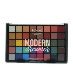 NYX Professional Makeup Modern Dreamer Shadow Palette (40 Shades x 0.03oz) 1.2oz/40g Eyeshadow dreams are made of this: the NYX Professional Makeup Modern Dreamer Shadow Palette. Our expansive eyeshadow palette features a stunning spectrum of 40 rich eyeshadows in foiled, matte and satin finishes. From warm and cool neutrals to vibrant primaries, each tone is surrounded by complementary colors for intuitive application. Velvety-smooth and super blendable, these eyeshadows deliver intense color p Vibrant Makeup, Makeup Pallets, Eye Palettes, Makeup Eyeshadow Palette, Blending Eyeshadow, Nyx Makeup, Makeup Rooms, Professional Makeup Brushes, Eyeshadow Pallets