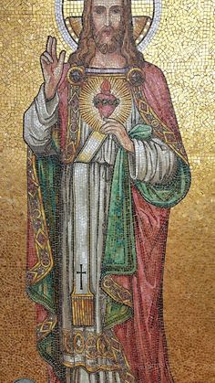 jesus holding the cross in his hands with gold and red colors, on a mosaic background