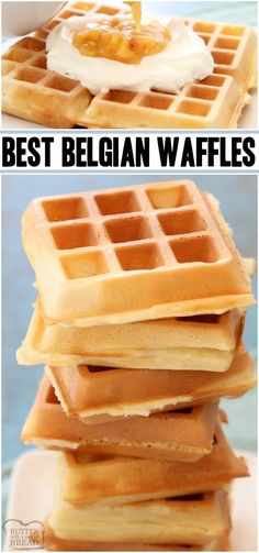 three different views of waffles stacked on top of each other with the words best belgium waffles