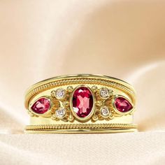 For Sale on 1stDibs - Elegance takes center stage with our captivating gold ring, where fiery rubies, brilliants, and shiny finish converge in harmonious brilliance. This exquisite Byzantine Gold, Ruby Diamond, Dream Jewelry, Rings Statement, Gold Ring, Favorite Jewelry, Band Rings, Statement Rings, Greece