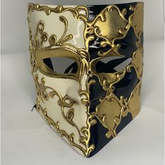 New- Never Worn, Made In Italy Brand : Monica 1016 Pier 1 Imports Halloween/ Mardi Gras/ Venetian Masquerade Mask, Hand Painted Black/Gold/White, Signed Gold Masquerade Mask For Men, Venice Masquerade Costumes, Gothic Mask, Gold Masquerade Mask, Mens Masquerade Mask, Venetian Masquerade Masks, Venetian Masquerade, Masquerade Costumes, Fantasy Props