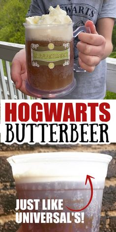 the hogwarts beer is being served in a plastic cup with whipped cream on top