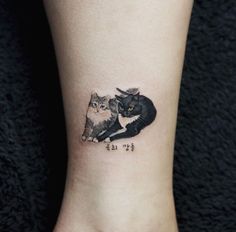 two cats sitting on top of each other with chinese characters tattooed on the ankle area