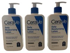 3 Pumps CeraVe Daily Moisturizing Lotion for Normal to Dry Skin 12 oz Each = 36 oz Total DAILY MOISTURIZING LOTION Smooth, light-weight texture that is absorbed quickly, leaving skin feeling smooth and hydrated, never greasy LONG-LASTING HYDRATION Contains Hyaluronic Acid to help retain skins natural moisture and MVE technology to provide 24 hour hydration GENTLE ON SKIN Holds National Eczema Association (NEA) Seal of Acceptance. Fragrance free, allergy-tested, non-comedogenic, and suitable for use as a body lotion, face moisturizing lotion, and/or hand lotion 3 ESSENTIAL CERAMIDES Ceramides are found naturally in the skin and make up 50% of the lipids in the skin barrier. All CeraVe products are formulated with three essential ceramides (1, 3, 6-II) to help restore and maintain the skin’s Cerave Products, Cerave Daily Moisturizing Lotion, Cerave Skincare, Daily Moisturizing Lotion, Moisturizing Lotion, Skin Barrier, Moisturizing Lotions, Skin Care Moisturizer, Hand Lotion