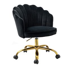 an office chair with gold wheels and black velvet upholstered on the back, in front of a white background