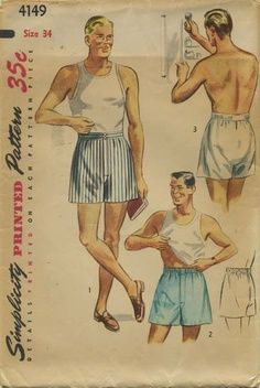 Sewing Boxers Men, Mens Boxer Shorts Pattern, Boxer Pattern, Boxer Shorts Pattern, Figure Fashion, 1940's Fashion, 1950s Sewing Patterns, Sewing Collars, Men's Boxers