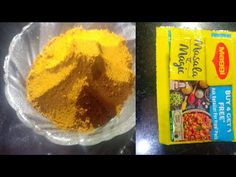 two pictures side by side one has yellow powder and the other has rice in it