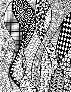 an abstract black and white drawing with lots of different shapes, sizes and colors on it