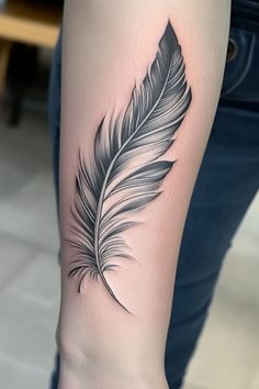 Feather tattoo on forearm in grayscale. Abstract Feather Tattoo, Feather Tattoo Stencil, Legs Tattoos For Women, Feather Tattoos For Women, Feather Tattoo Ideas For Women, Native American Tattoos For Women, Plumas Tattoo, A Feather Tattoo, Feather Project