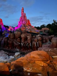 an amusement park at night with lights on the rocks