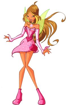 a cartoon fairy with long hair and pink dress