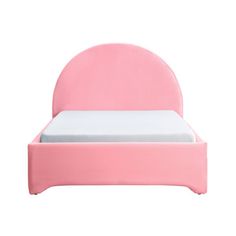 a pink bed frame with white sheets and pillows on it, against a white background