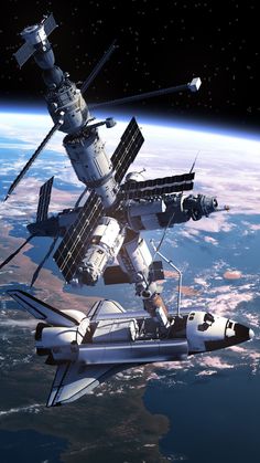 an artist's rendering of the space shuttle in orbit, with earth in the background