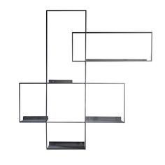 three black shelves with metal brackets on each side and one shelf holding two bookshelves