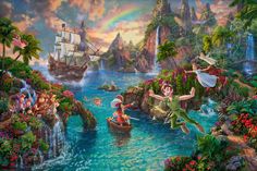 Disney Peter Pan's Never Land - Limited Edition Canvas | Thomas Kinkade Studios® Online Store Peter Pan Neverland, Kinkade Disney, Thomas Kinkade Disney, Deco Disney, Tema Disney, Images Disney, Image Nature, Painting Quotes, Quotes Art