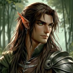 a male elf with long hair and green eyes in the middle of a wooded area