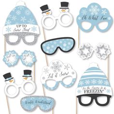 winter photo booth props with snowman hats, sunglasses and ski goggles on sticks