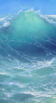 a painting of a large wave in the ocean with a red buoy on it