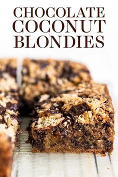 chocolate coconut blondies cut into squares on a cooling rack with the text overlay