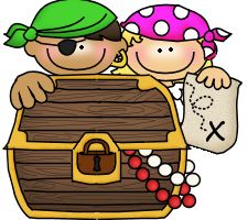 two children are standing next to a pirate chest