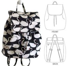 the back and side view of a backpack with swans on it, including an adjustable strap