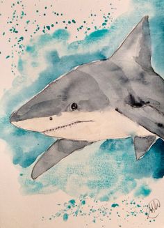 a drawing of a shark in watercolor and ink on white paper with blue spots